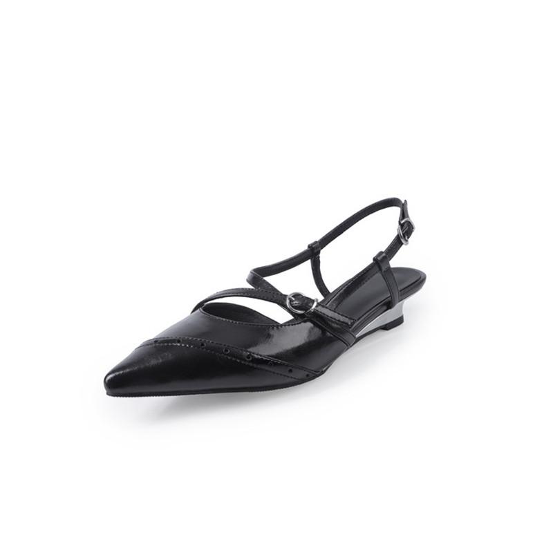 Fashion New Summer Sandals Split Leather Pointed Toe Sandals for Women Low Heels Fashion Retro Sandals Wedges Ladies Shoes Women Black