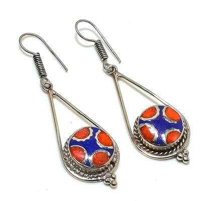 Natürlicher Lapislazuli, Koralle Edelstein Handgefertigter Schmuck Ohrring 2,44" T2Q47