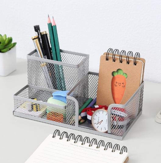 Mesh Desk Organizer Office Supplies Caddy with Pencil Holder and Storage Baskets for Desktop Accessories, 3 Compartments, Black