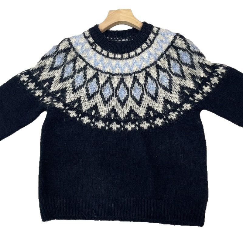 Womens Loose Fit Round Neck Fair Isle Knit Sweater Colorblock Pullover Fall Winter