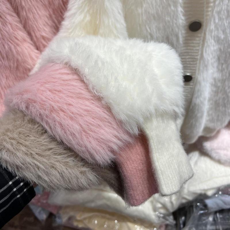 2025 Women Fur Faux Knitted Cardigan Sweater Jacket Korean Style Womens Sweaters Autumn Female Clothes Vinatge Knitwear V Neck Outfits