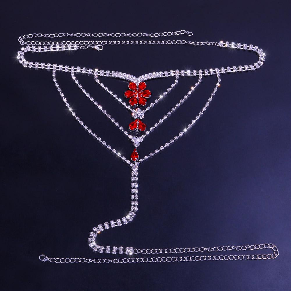 Stonefans Fashion Red Flower Rhinestone Thong Panties Bikinis Set Women's Jewelry Luxury Belly Chains for Waist Bikinis Party