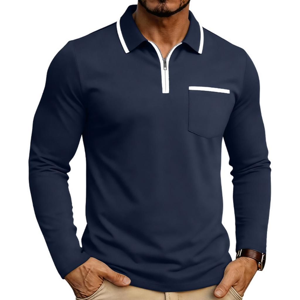 Men Long Sleeve Polo Shirt Zipper Collar Casual Slim Fit Top with Patch Pocket and Contrast Trim for Daily Wear