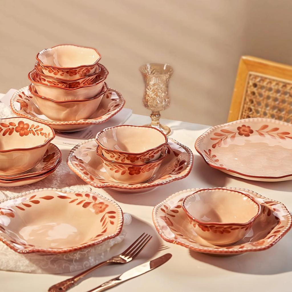 Vajilla Francesa Bol de Arroz Set de Platos para el Hogar Bol Plato Boda Regalo de Boda Floral Bajo Vidriado Estilo Nórdico
