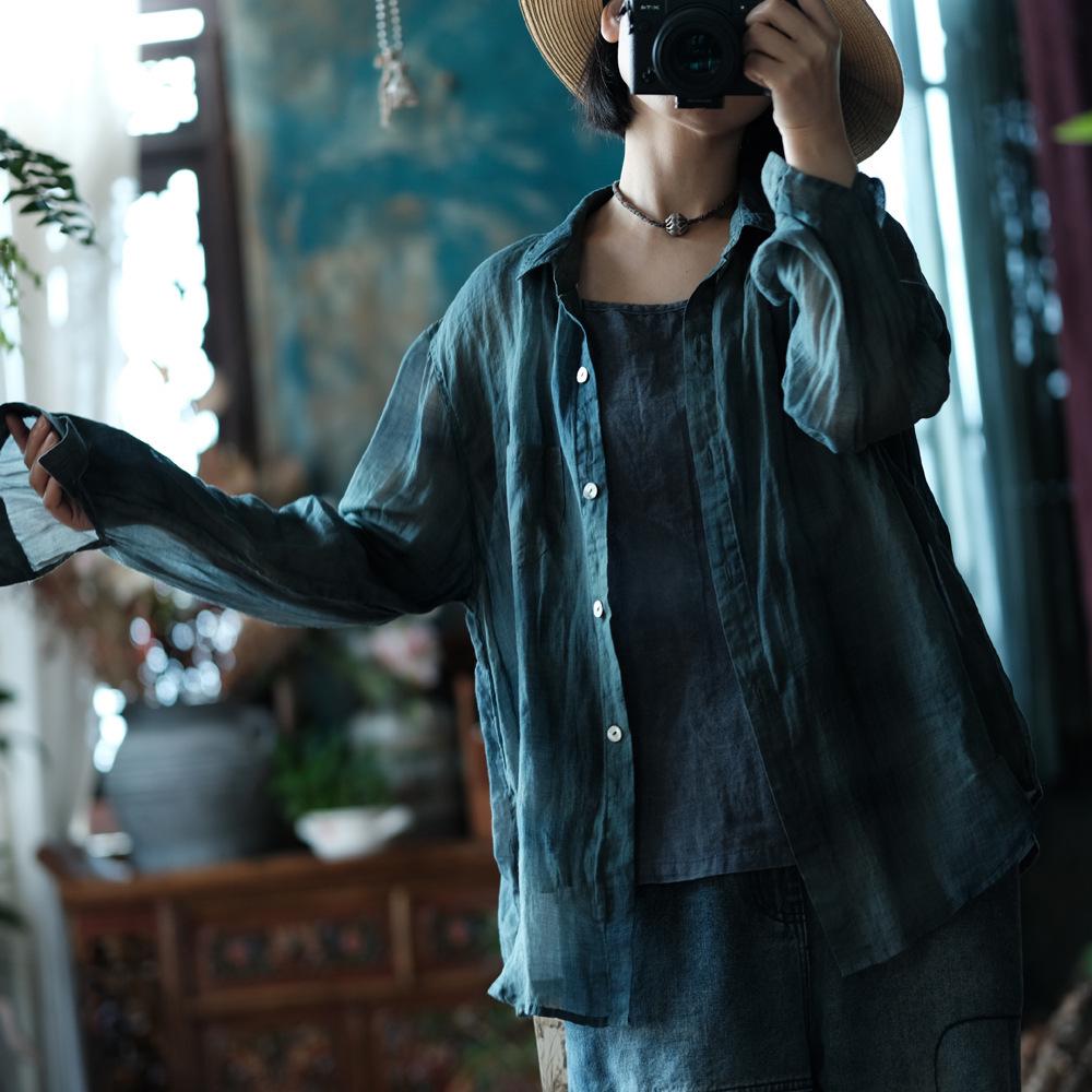 Luo Gu Ni Retro Washed Linen Loose Cardigan Shirt - Artistic Design, Light Shallow