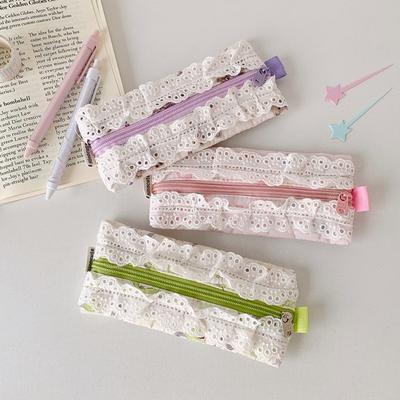 Lace Pencil Case for Student Girl Ruffle Cute Korean Makeup Stationery Organizer Bag Portable Pouch Back To School Kawaii Gift