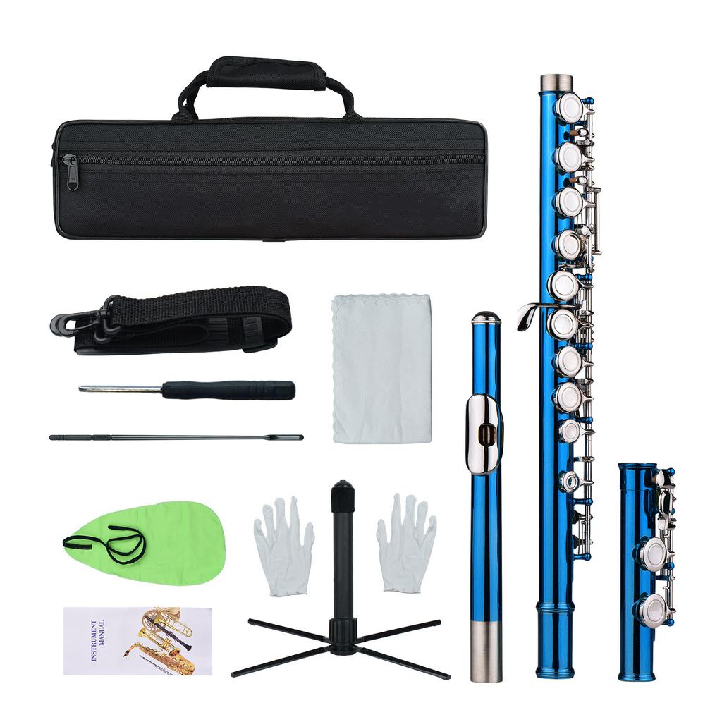 Closed Hole C Flute 16 Keys Cupronickel Nickel-plated Wind Instrument with Carry Case Flute Stand Gloves Cleaning Cloth Screwdriver Cleaning Rod