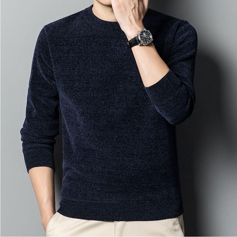 

Зимний мужской утолщенный бархатный свитер с круглым вырезом и длинными рукавами, теплый однотонный базовый свитер XXXL темно-синий