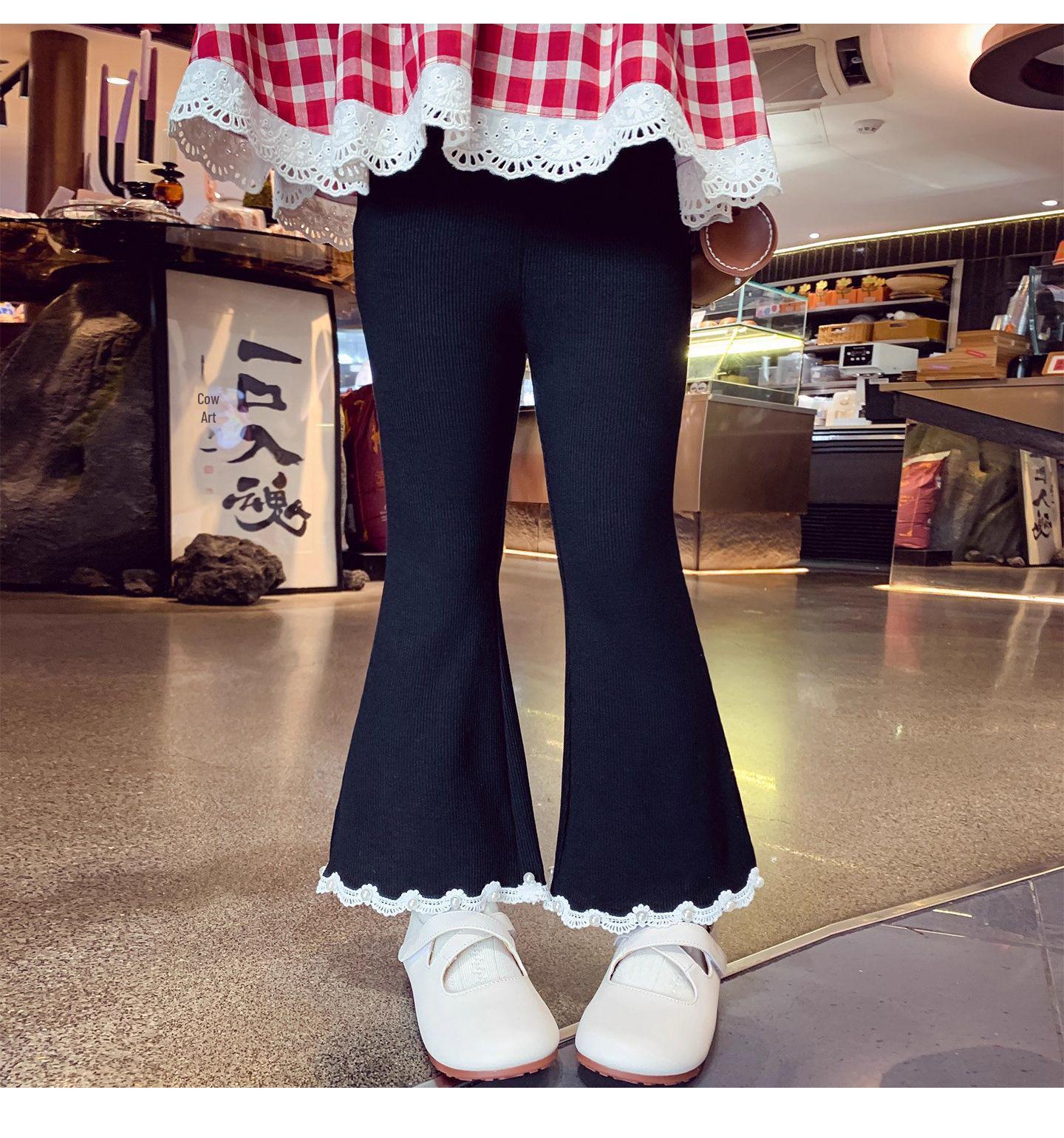 

Осень 2025 Брюки-клеш прилегающего силуэта с жемчужным кружевом для черных девочек 150 cm чёрный