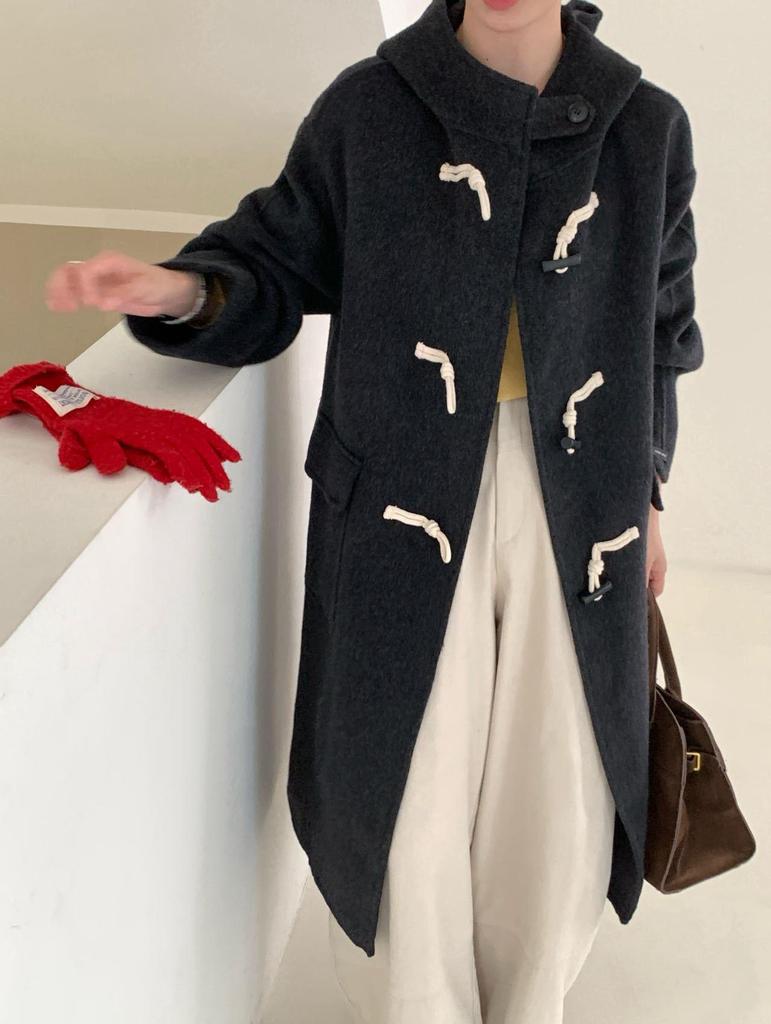 Korean Style Hooded Wool Coat: Women's Mid-Length Double-Faced Cashmere Overcoat with Toggle Buttons for a Slimming Autumn Look