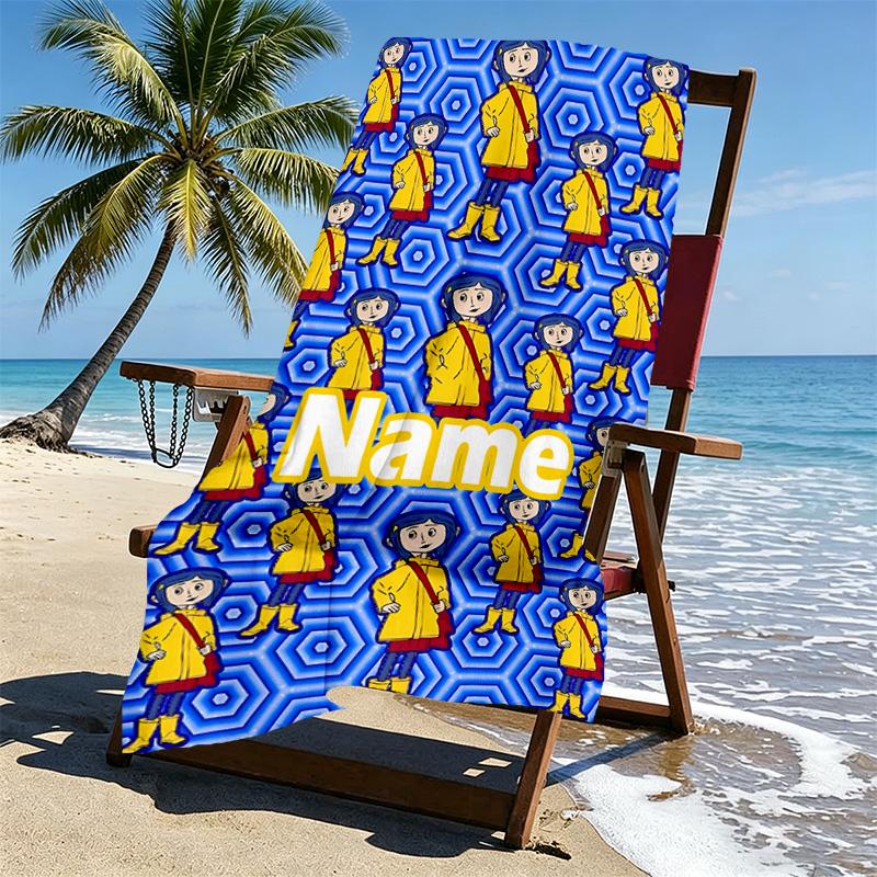 Custom Name Personalized Coraline Print Beach Towel, for Trip Camping Beach Party Home Decor, Birthday Gift for Family & Friends