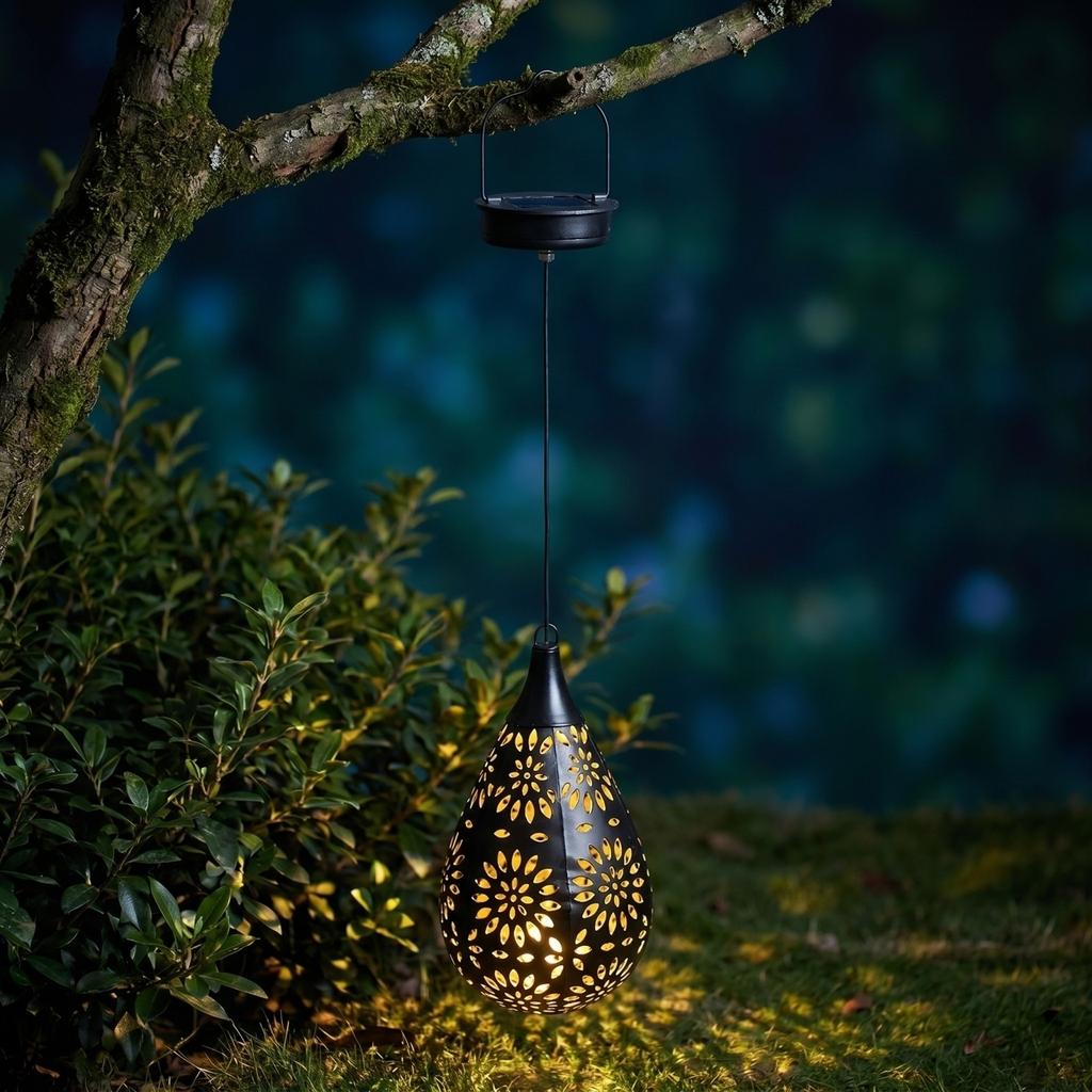 Outdoor Hanging Solar Garden Light Metal Lantern with Cutout Pattern for Patio Yard Lawn Decorative Ambient Lighting
