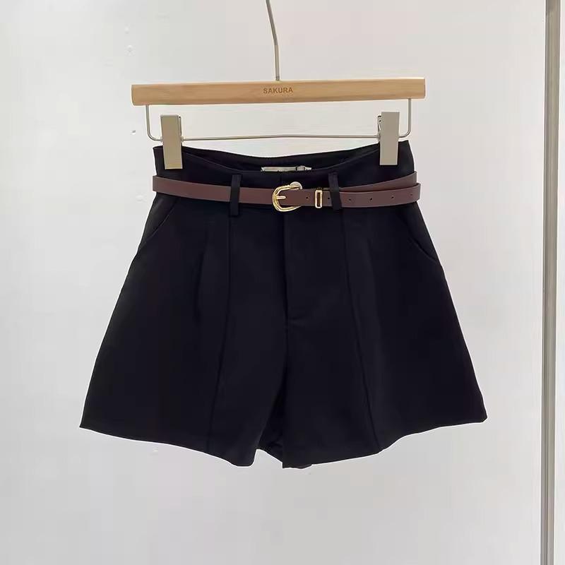 Pantaloni scurți casual de damă 2025 Primăvară Stil coreean Retro Negru cu talie înaltă și picior larg