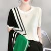 Women's Knitted T-shirt Ice Silk Short Sleeve Irregular Contrasting Stripes Round Neck Summer New Women's Design