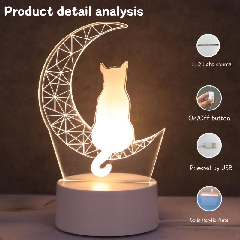 1pc Moon Cat 3D Night Light USB Desk Lamp Bedroom Desktop Ambient Light Cute Kids Gift Holiday Birthday Home Decor Lamp