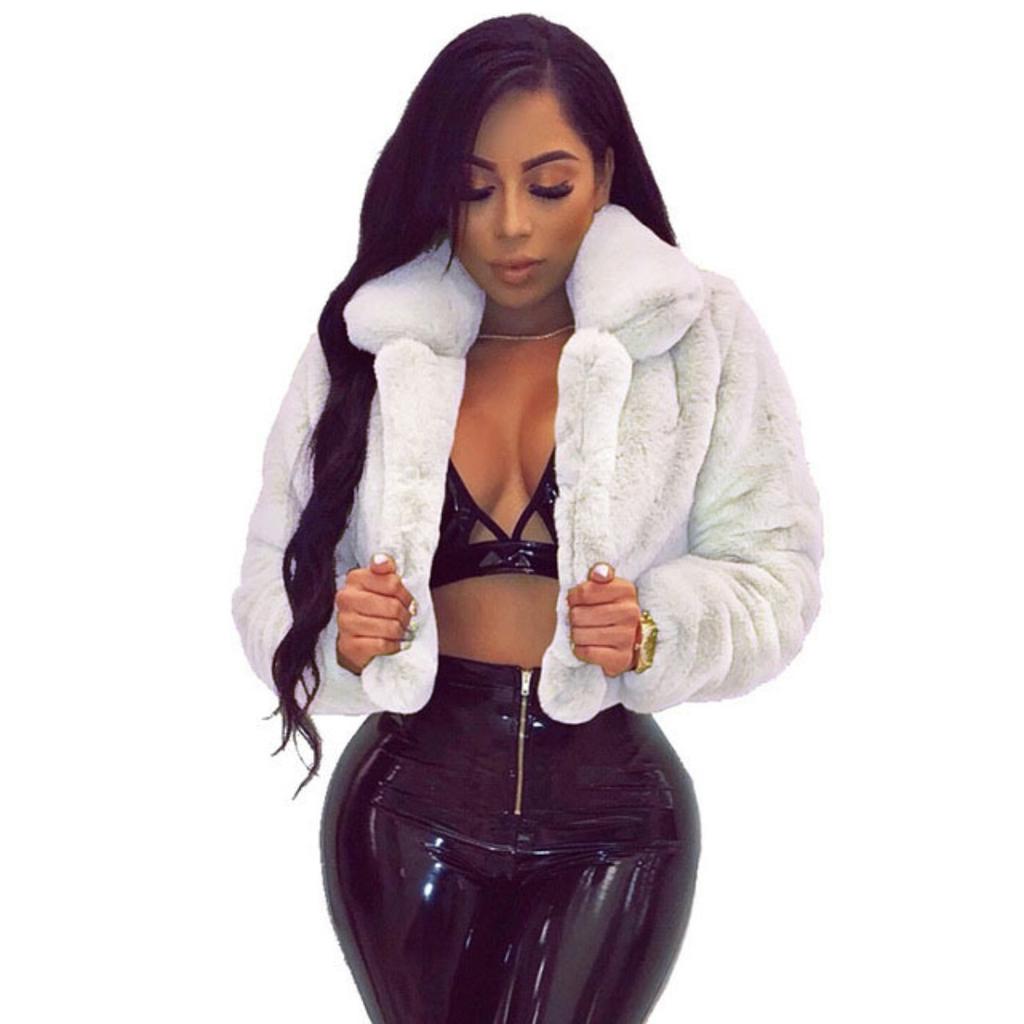 TrendHub Fashion Faux Fur Open Stitch Lapel Crop Jackets Women Clothing Autumn Winter Solid Long Sleeve Warm Furry Fluffy Coat Outer Wear