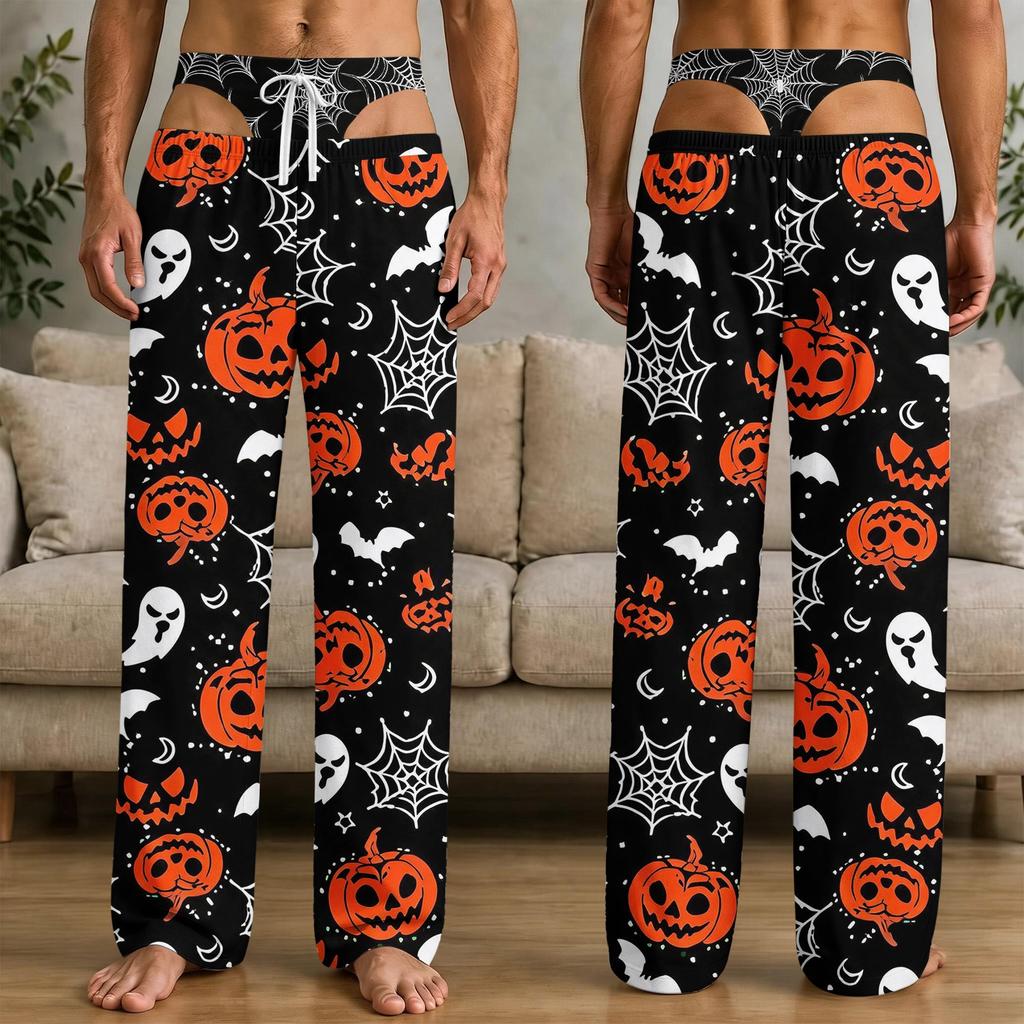 Men's Funny Halloween Print Knit Pants with Pockets, Casual Sleep Pajama Bottoms