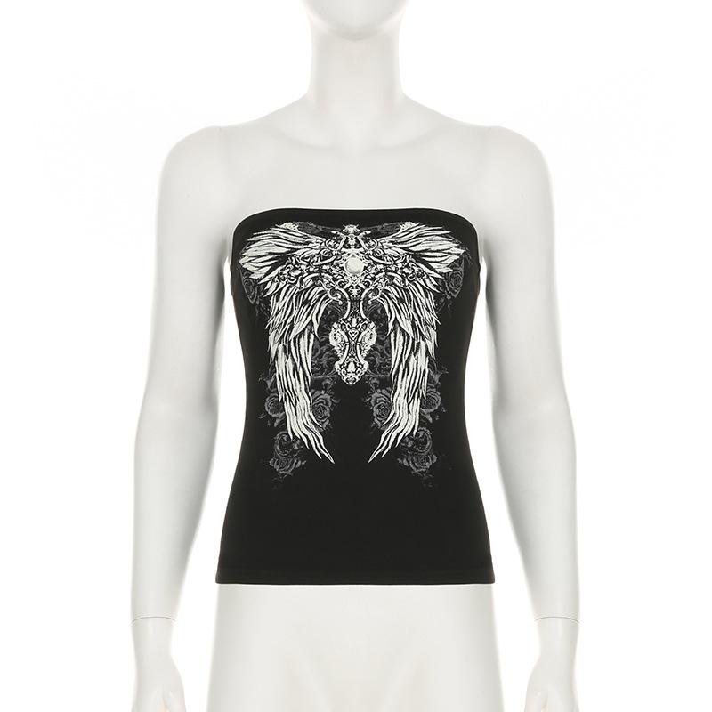 Gothic Print Black Tube Top Women Strapless Skinny Cropped Tops Summer Casual Chic Graphic Tees Y2k Streetwear Vest Basic