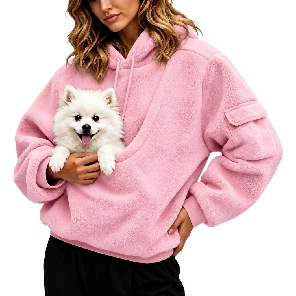 Felpa Casual da Donna in Flanella con Tasca per Animali, Manica Lunga, Pullover