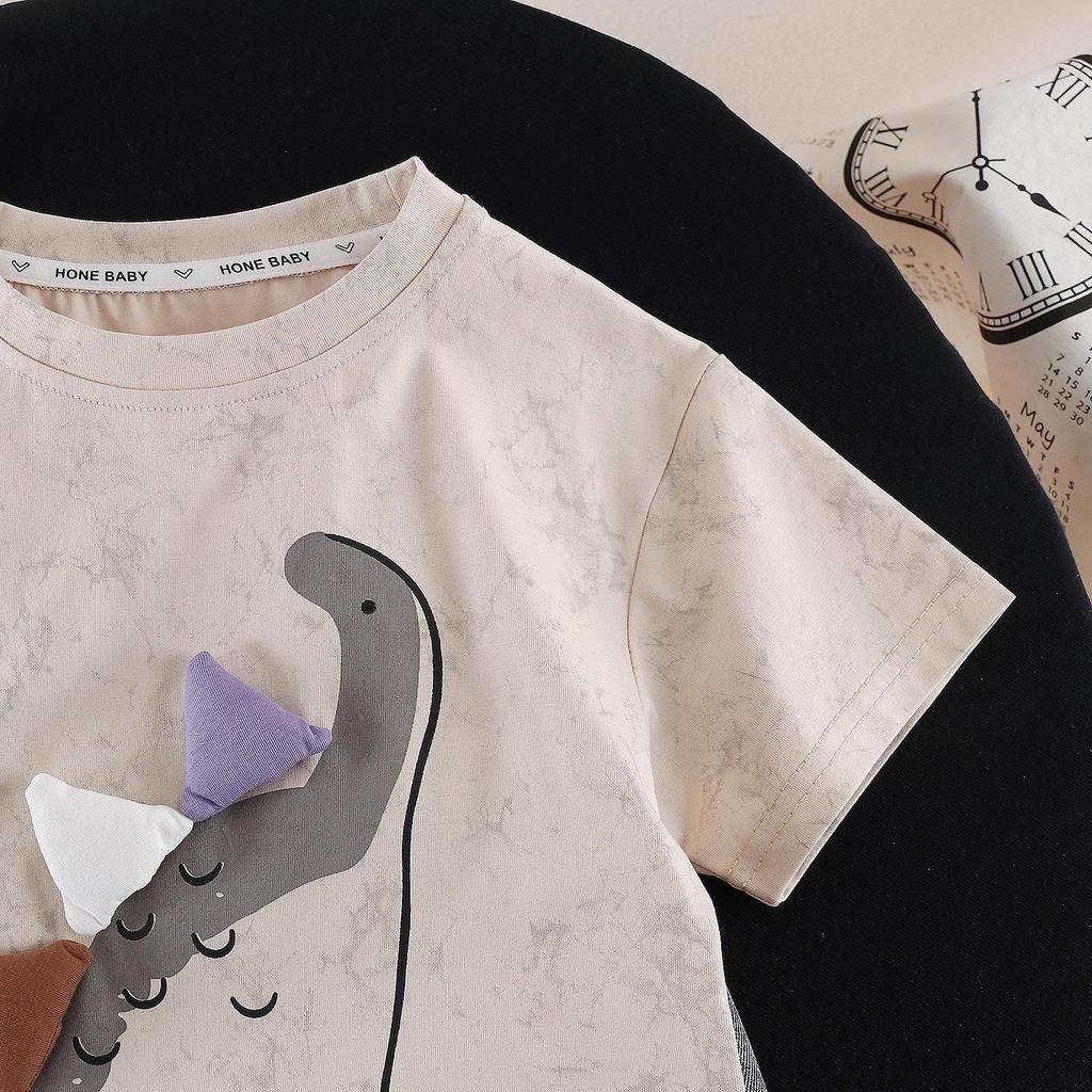 Boys' Stylish Dinosaur Summer Outfit: Short Sleeve Cartoon Two-Piece Set for 2026