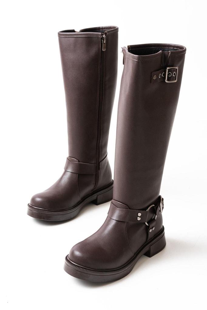 Women Modern Stylish Fashion Boots Brown Buckle Accessory Zipper Casual Boots