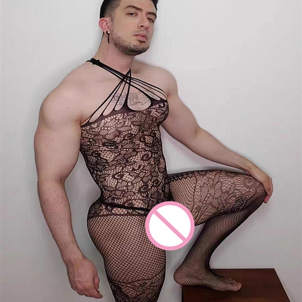 Men Sexy Lingerie Exotic Fishnet Bodystocking Jumpsuit Mesh Net See-through Long Sleeve Bodysuit Gay Sleepwear Club Wear