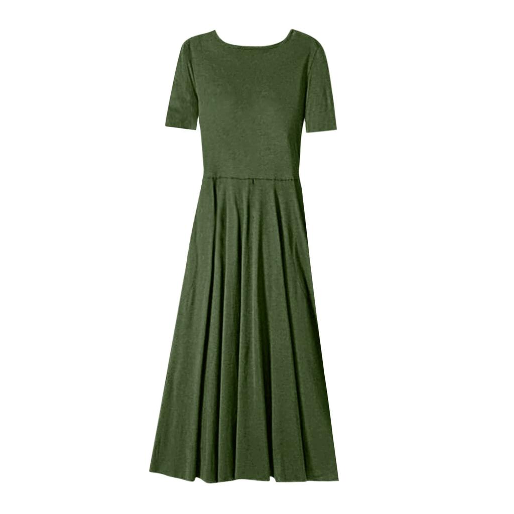 Women's Fashion Summer Color Short Sleeve Pocket Pullover Dress