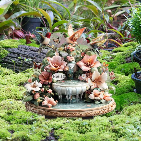 Kolibri-Brunnen Gartenstecker, 2D Acrylblumen und Kolibris Hofkunst-Stecker, Wasserdichte Außenbrunnen-Gartendekoration für Rasenpflanzer
