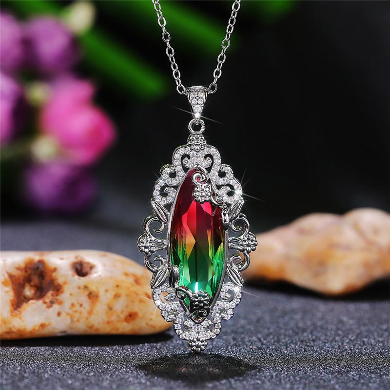 Silver Plated Marquise Cut Multicolor CZ Pendant Necklace, Ornate Floral Halo Cable Chain Necklace for Women