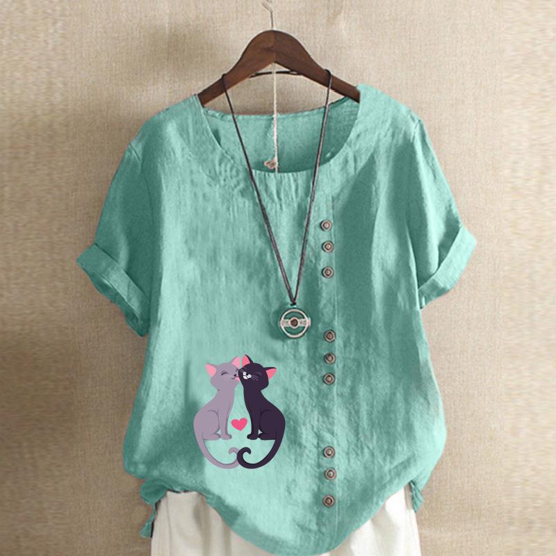 Women's Fashion Couple Cat Prined Short Sleeve T-shirt Loose Cotton Shirt Casual Loose Summer Blouse Plus Size Tops