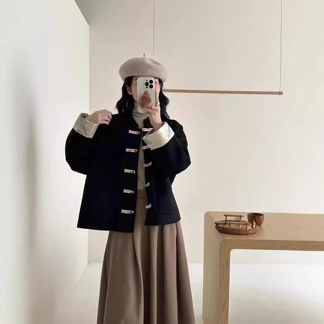 

Двухстороннее шерстяное пальто с жемчужными пуговицами в китайском стиле для женщин, новое новое короткое шерстяное пальто в китайском стиле в стиле Тан M белый