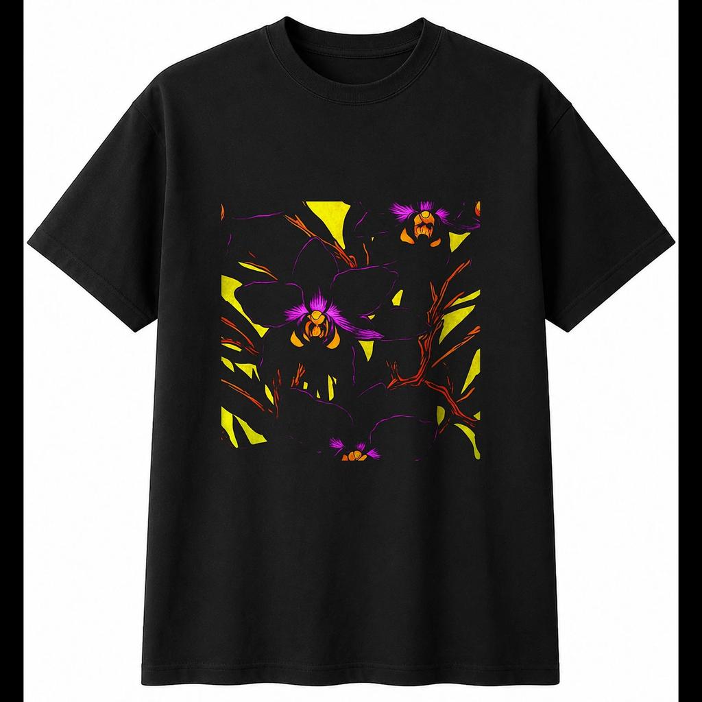 Neon Orchid in the Pines Nature Mens T-Shirt Black 100% Cotton Floral Printed