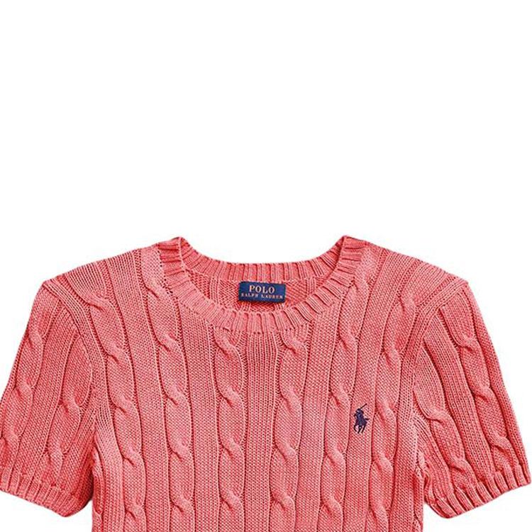 Polo Ralph Lauren Jednobarevný žebrovaný úpletový svetr s krátkým rukávem a kulatým výstřihem Dámské topy Růžový 211910987-014