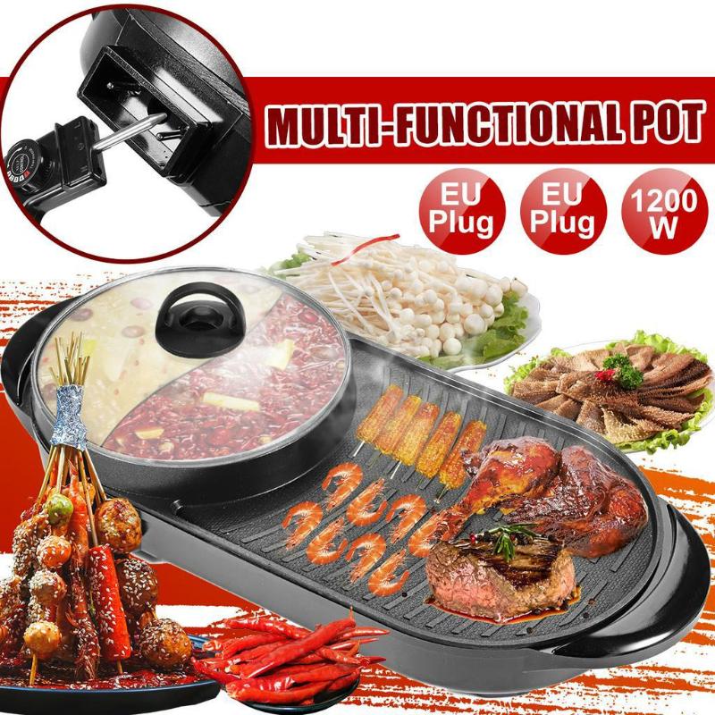 1200W 2 In 1 Larger Electric Hot Pot Oven Smokeless Barbecue Pan Shabu Pot Non-Stick BBQ Griddle Home Hotpot Baking Plate