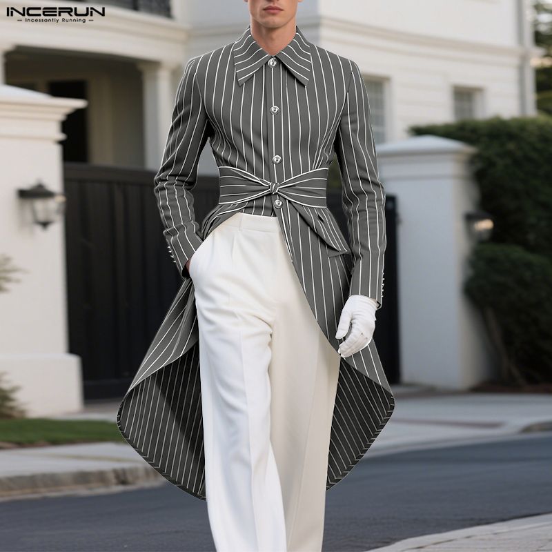 INCERUN Men Lapel Neck Long Sleeve Striped Irregular Splits Casual Long Shirts Tops