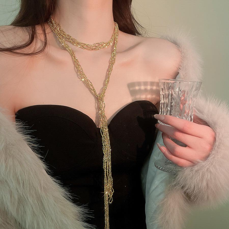 European & American Geometric Glass Beaded Tassel Necklace – Stylish High-End Sweater Chain