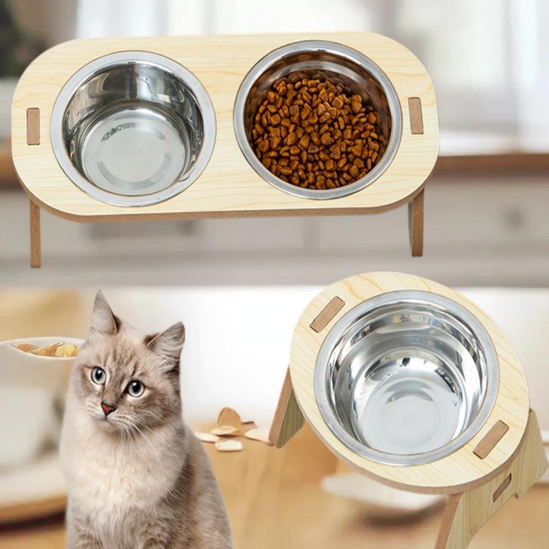 Cat And Dog Feeding Bowls Anti-tip Bowls Stainless Steel Pet Bowls With Wooden Supports Neck Protection Design 2 In 1 Water Bowl