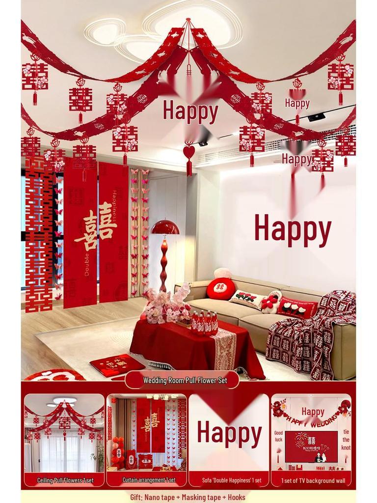 Bridal Bedroom & Living Room Decoration Set: Double Happiness Wall Stickers for Newlyweds