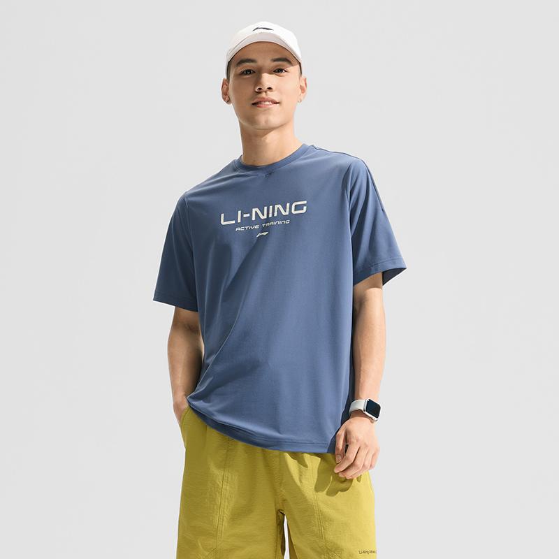 Li Ning Cooling Tea T Quick Dry Casual Top Logo Letter Print Round Neck Knitted Sports Short Sleeve T-Shirt Men Tops Gray Indigo-Blue ATSU589-2