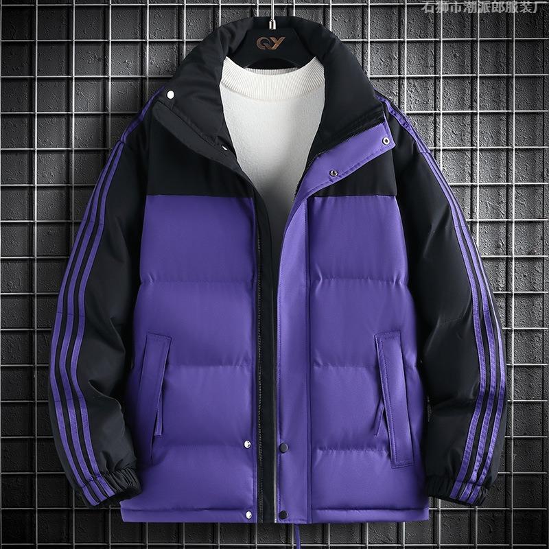 Three bars contrasting color cotton-padded clothes for men and women, winter new thickened warm stand-up collar windproof down cotton jacket