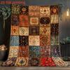 Vintage Persian Rug Patchwork Flannel Throw Blanket Antique Oriental Ethnic Floral Carpet Grid Print Soft Blanket Boho Home