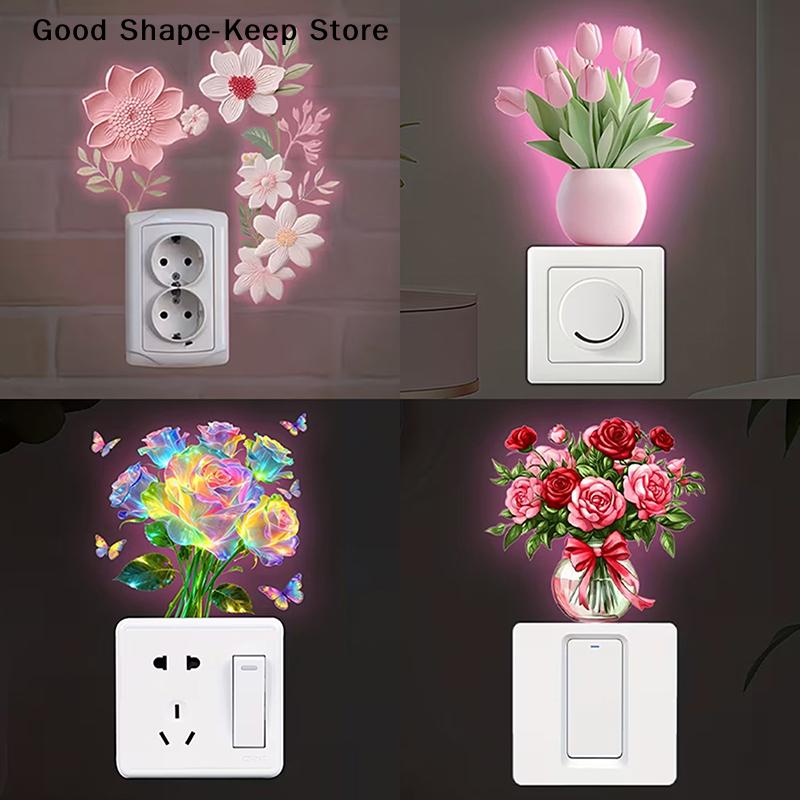 Glow-in-the-Dark Flowers Switch Sticker Self-Adhesive PVC Switch Outlet Decor Easy Peel Tulip Lily Sunflower Wall Sticker