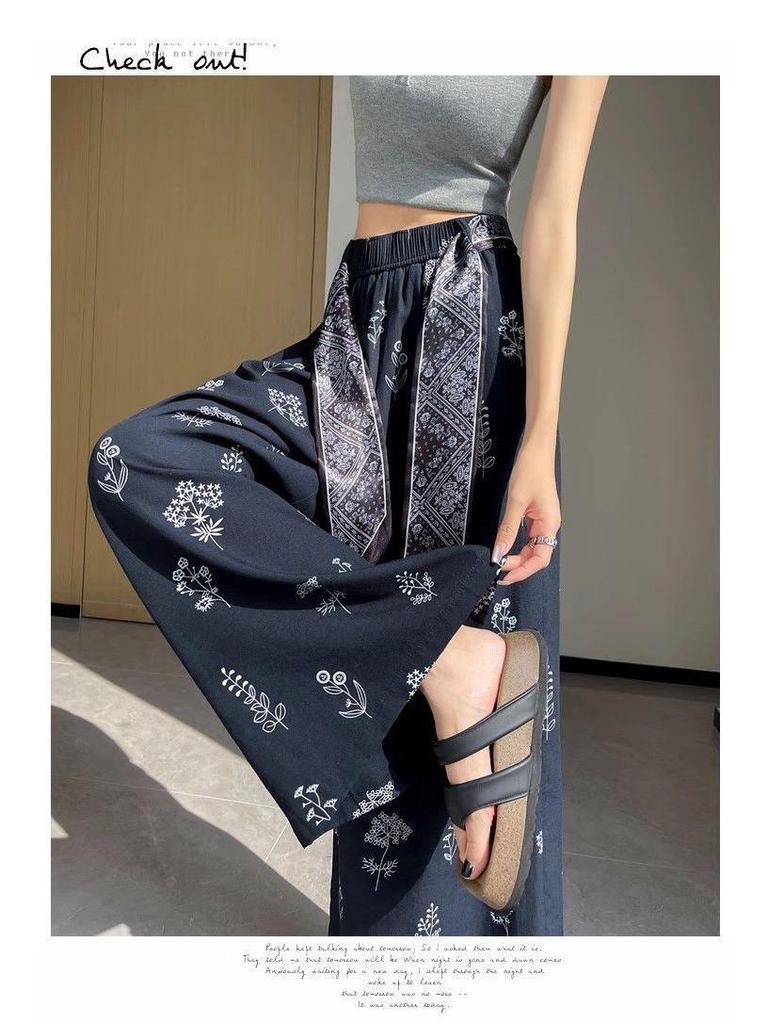 Women's Ethnic-Style High-Waist Ice Silk Loose Cropped Trousers - Summer Slimming Wide-Leg Pants