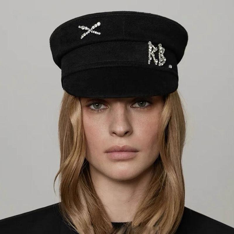 Designer Brand Wool Newsboy Caps Women Diamond Letter Flat Top Cap Solid Color Militray Hat Fashion Streetwear Navy Hat