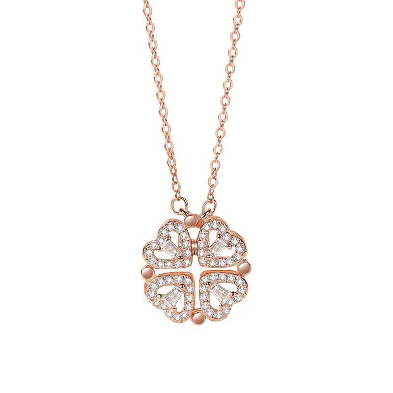 C211 Heart-to-Heart Four-Leaf Clover Necklace: Fashionable, Foldable Clavicle Chain With Heart-Shaped Pendant for Women.