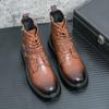 New Black Motorcycle Boots for Men Brown  Lace-up  Round Toe Platform Short Boots Western Boots  Size 38-45