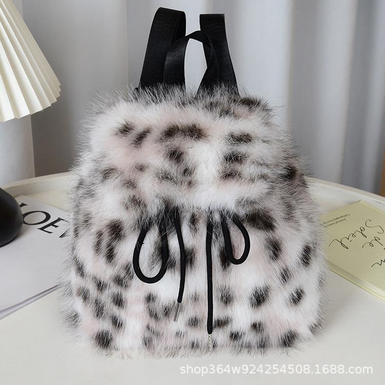 Mochila de Pelúcia Y2k Feminina Pequena Fofa com Cordão Leopardo Fofa Bolsa Macia Liso Lã Mochila de Lã Quente de Inverno Mini Mochila de Pele Sintética