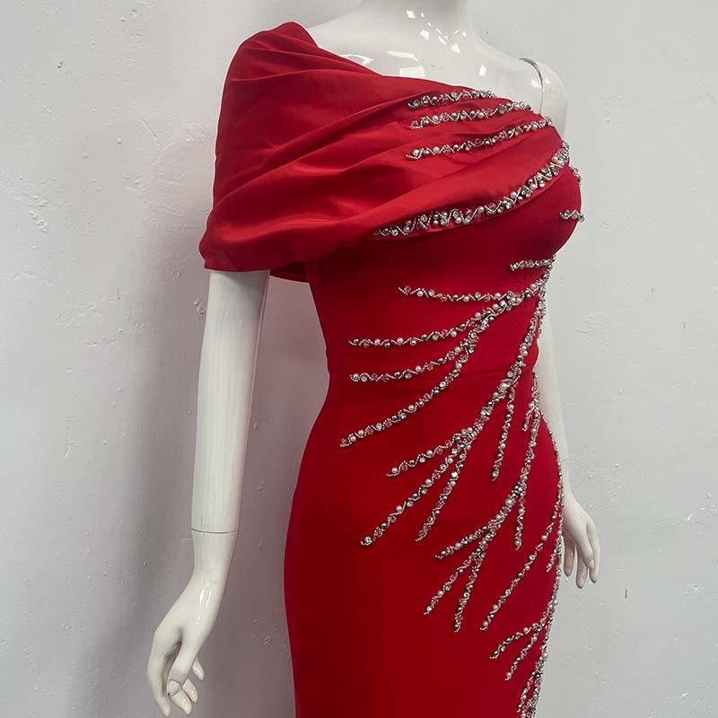 Elegant Handmade Beaded Off-the-Shoulder European & American Bandage Evening Dress