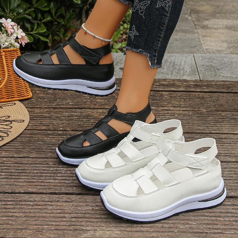 Plus‑Size Closed‑Toe Hollow‑Out Hook‑and‑Loop Thick Wedge Women Sandals