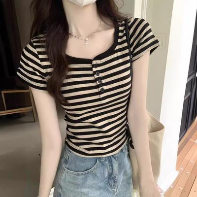 Dam Sommar Ny Koreansk Stil Halvöppen Hals Slim Fit Smal Kort Topp